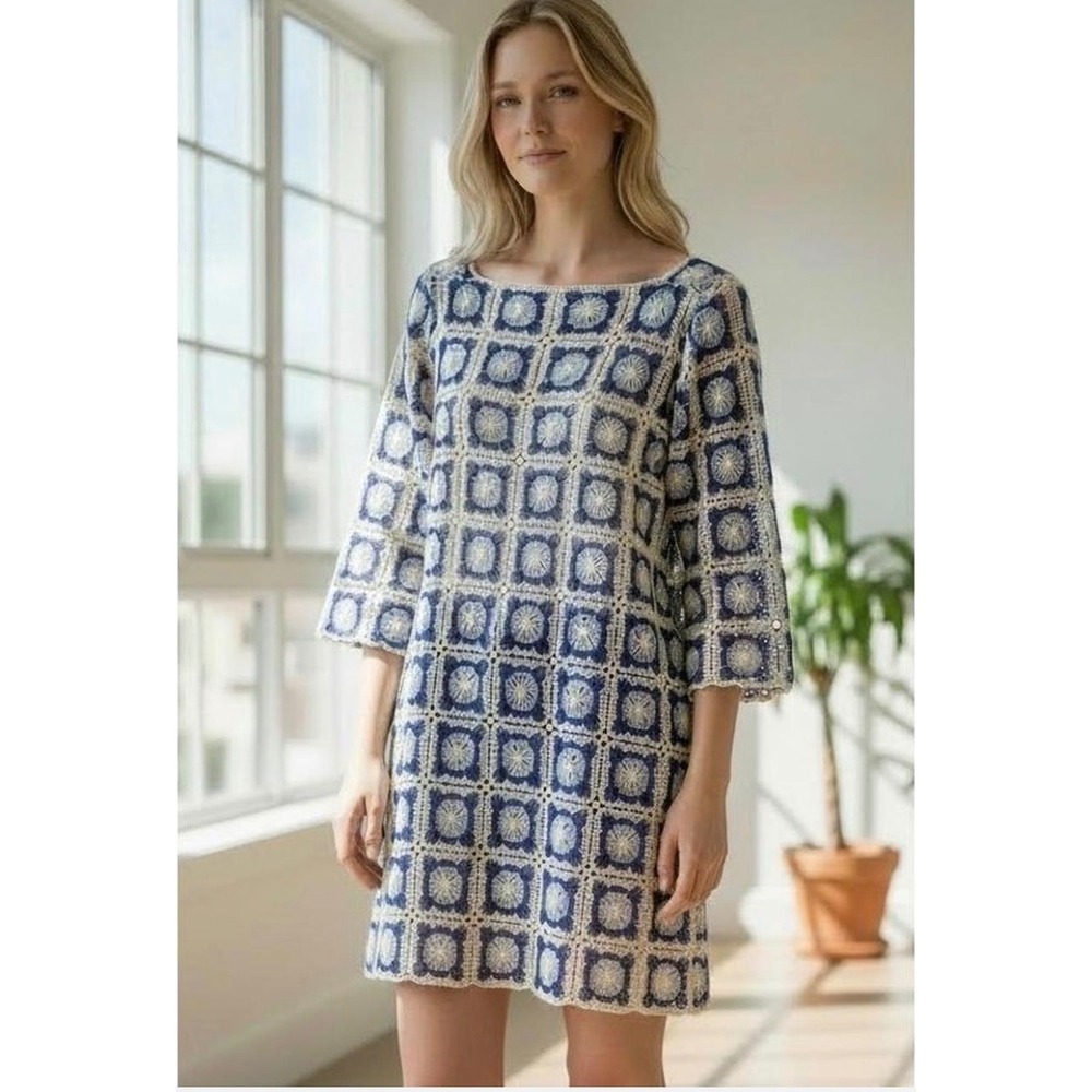 Chelsea & Violet Granny Square Design Mini Dress‎ Blue White Cotton Sz S NWT